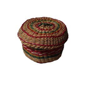 Vintage Handwoven Sweetgrass Round Native Design Lidded Small Basket Reds Green